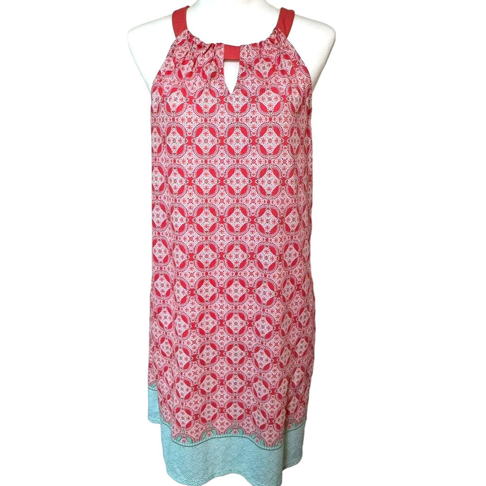 CABANA LIFE‎ Large Coral Turquoise Stretch Beach Halter Shift Tank Dress Pockets